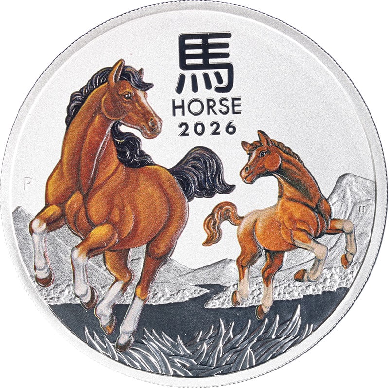2026 Lunar Horse Australia $8 Five Ounce Colorized Silver Coin With OGP: 2026 Lunar Horse Australia $8 Five Ounce Colorized Silver Coin With OGP This 2026 Australia $8 Lunar Horse coin is a 5-ounce silver piece featuring a colorized design. Struck from .999 fine silver, it