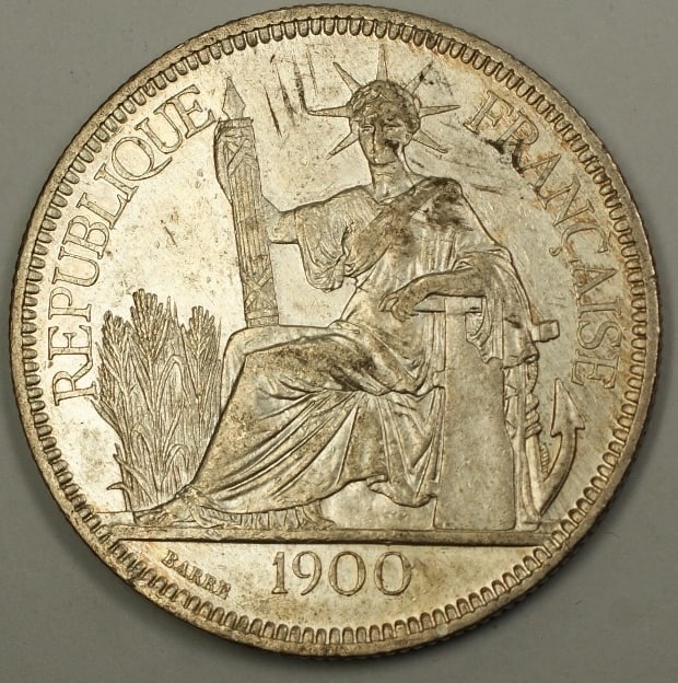 1900 French Indochina Silver Piastre Crown Coin from France: 1900 French Indochina Silver Piastre Crown Coin from France This is a 1900 A French Indochina Silver Crown Piastre coin from France. The coin is pre-owned and uncertified. Specifications Year: 1900 Co