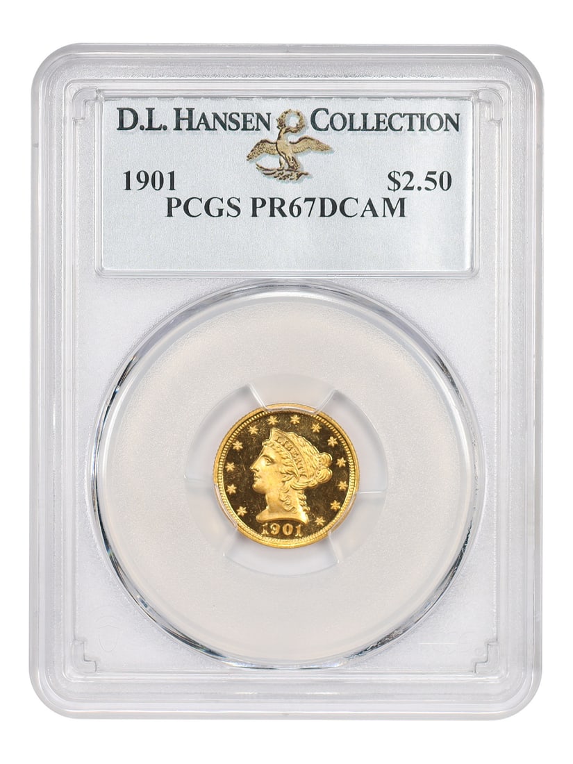 1901 Liberty Head Quarter Eagle $2.50 PCGS PR67DCAM: 1901 Liberty Head Quarter Eagle $2.50 PCGS PR67DCAM 1901 Liberty Head $2.50 proof coin certified by PCGS as PR67DCAM. Minted in Philadelphia, this uncirculated piece is ex: D.L. Hansen and carries cer