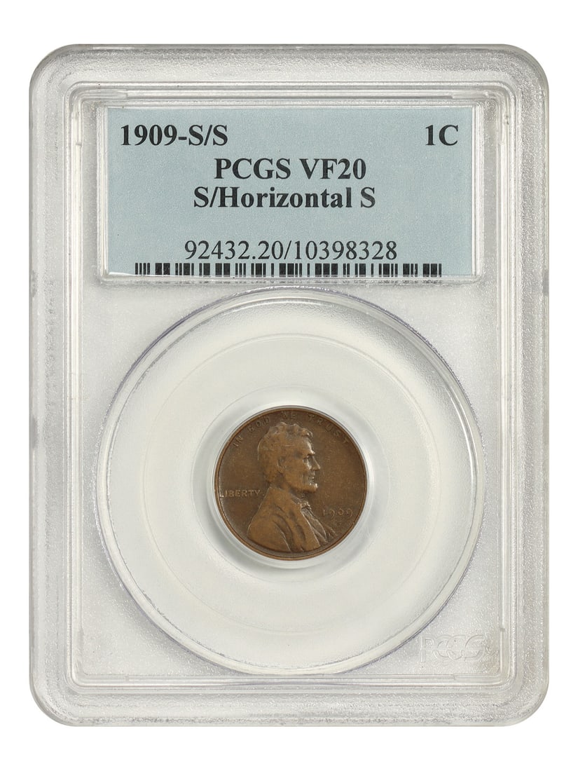 PCGS VF20 1909 Lincoln Wheat Cent 1C S over Horizontal S: PCGS VF20 1909 Lincoln Wheat Cent 1C S over Horizontal S 1909 Lincoln Cent with Wheat Reverse, graded PCGS VF20 and identified as the 1909-S/S variety. The coin is circulated and brown in color. A sec