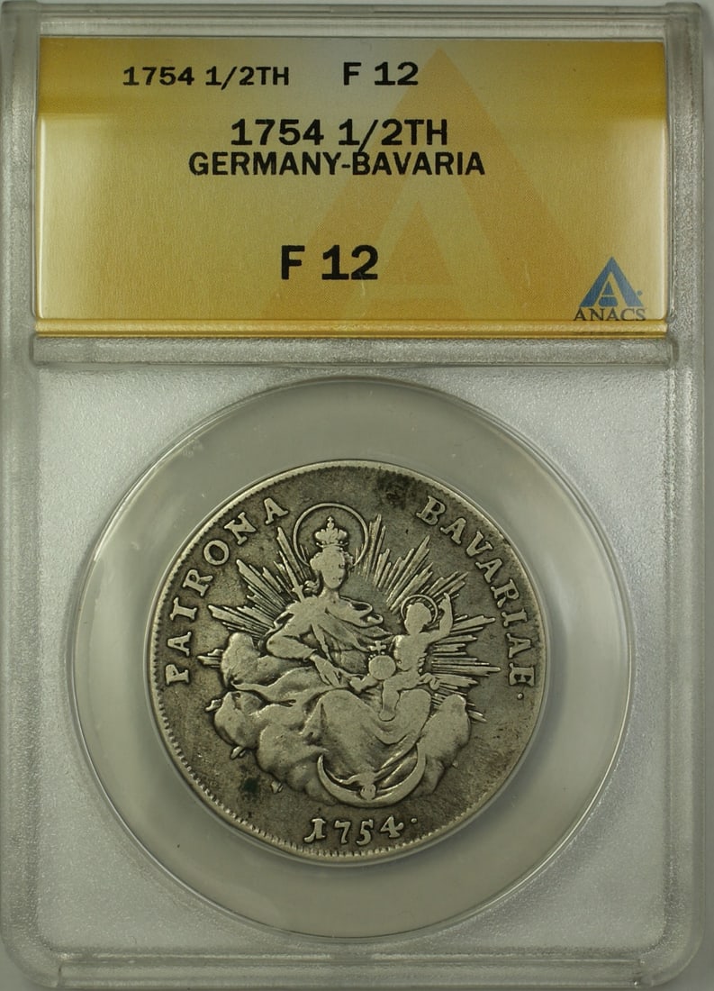 1754 Bavaria Silver Half Thaler ANACS F-12 Certified Coin: 1754 Bavaria Silver Half Thaler ANACS F-12 Certified Coin This 1754 Germany-Bavaria 1/2 Thaler coin is composed of silver and has been certified by ANACS with a grade of F 12. The coin is circulated a