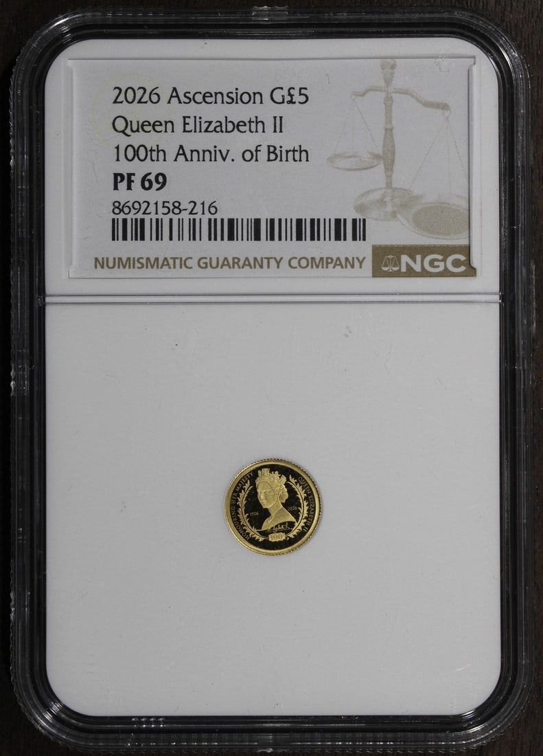 Ascension Island 2026 Gold 5 Pounds NGC PF69 Queen Elizabeth: Ascension Island 2026 Gold 5 Pounds NGC PF69 Queen Elizabeth This is a 2026 Ascension Island 5 Pounds gold coin featuring Queen Elizabeth. The coin is struck in proof quality and has been graded PR 69