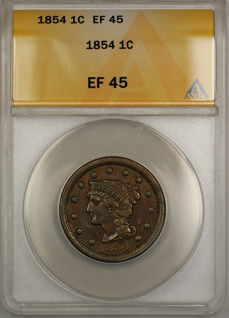 1854 Braided Hair Copper Cent ANACS EF-45: 1854 Braided Hair Copper Cent ANACS EF-45 This is an 1854 Braided Hair Large Cent graded EF-45 by ANACS. The coin is composed of copper and was minted in Philadelphia. It is a circulated coin and come