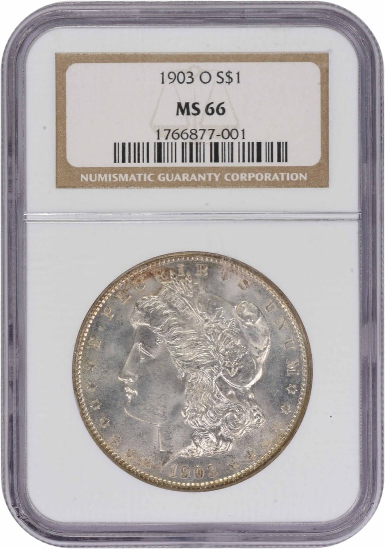 MS66 Graded 1903 New Orleans Morgan Dollar 90% Silver NGC Certified: MS66 Graded 1903 New Orleans Morgan Dollar 90% Silver NGC Certified This 1903-O Morgan Silver Dollar is graded MS66 by NGC, indicating a high-quality, uncirculated coin. Minted in New Orleans, it feat