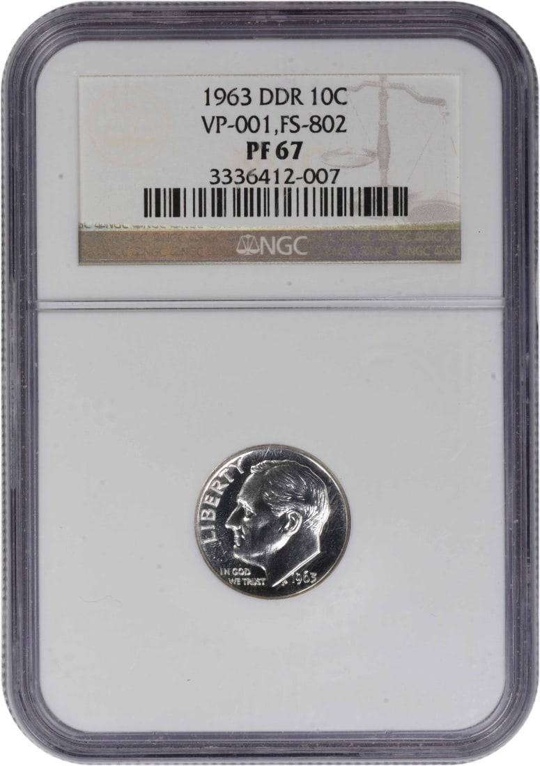 NGC PR67 1963 Roosevelt Dime Silver Proof FS-802 DDR: NGC PR67 1963 Roosevelt Dime Silver Proof FS-802 DDR 1963 Roosevelt silver dime with the Doubled Die Reverse FS-802 variety. This proof example is graded PR67 by NGC and is offered as a pre-owned coin