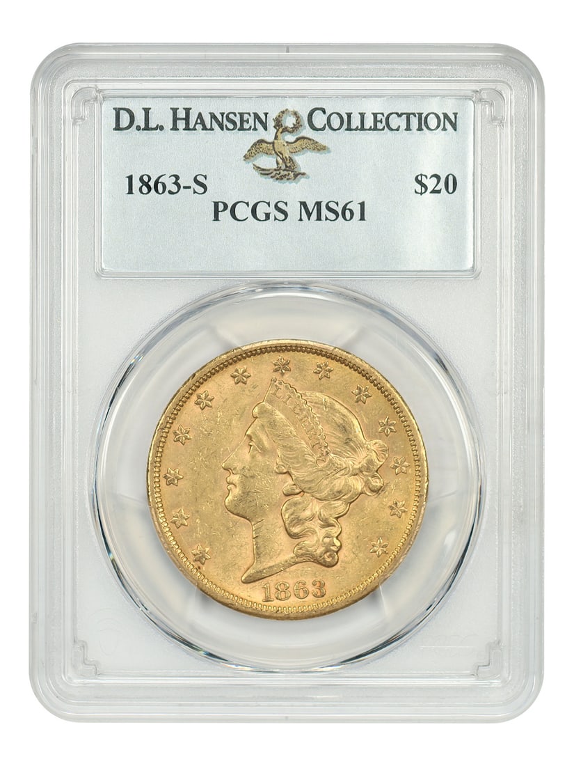 PCGS MS61 1863-S Liberty Head $20 Gold Coin ex D.L. Hansen: PCGS MS61 1863-S Liberty Head $20 Gold Coin ex D.L. Hansen 1863-S Liberty Head $20 gold coin graded PCGS MS61. This uncirculated Civil War-era issue was struck at the San Francisco Mint and is noted i
