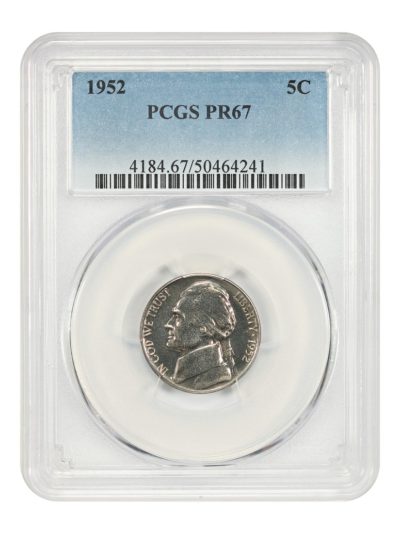 Jefferson Nickel 1952 5C PCGS PR67 Philadelphia: Jefferson Nickel 1952 5C PCGS PR67 Philadelphia 1952 Jefferson Nickel certified by PCGS in PR67 grade. This pre-owned coin is an uncirculated example struck in Philadelphia. Specifications Denominatio