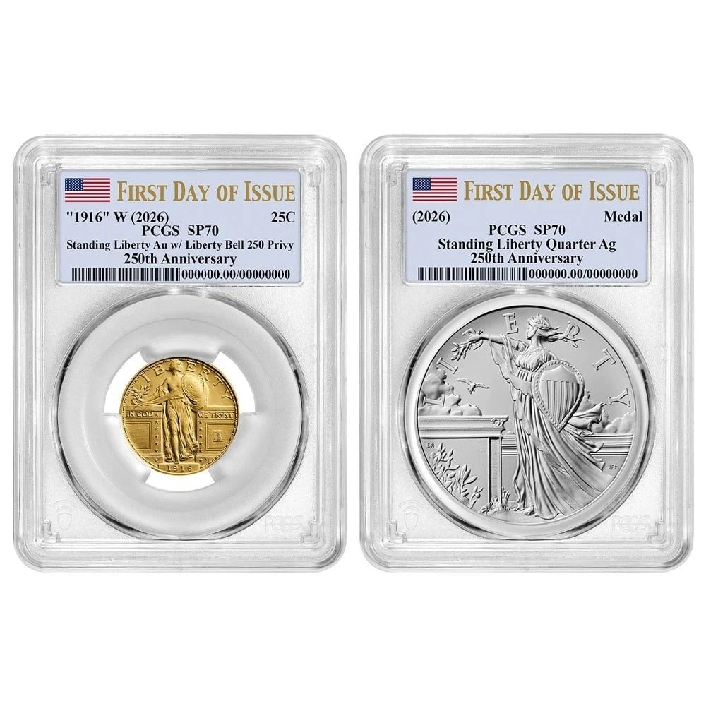 PCGS FDOI 2026-W Standing Liberty Quarter Gold Coin Silver Medal Set SP70: PCGS FDOI 2026-W Standing Liberty Quarter Gold Coin Silver Medal Set SP70 2026-W Standing Liberty Quarter gold coin and silver medal set, certified by PCGS and listed as pre-owned. The title identifie