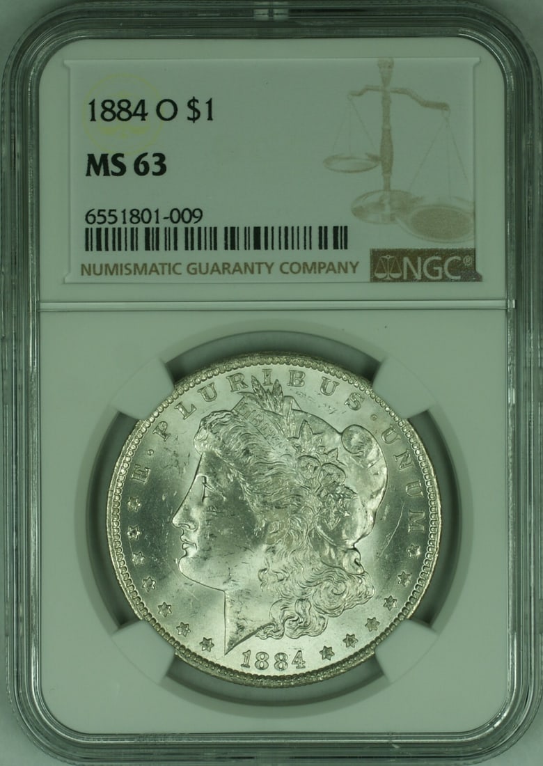NGC MS-63 1884-O Morgan Silver Dollar New Orleans Mint Certified Coin: NGC MS-63 1884-O Morgan Silver Dollar New Orleans Mint Certified Coin This 1884-O Morgan Silver Dollar is certified by NGC with a grade of MS-63. Minted in New Orleans, this uncirculated coin is compo