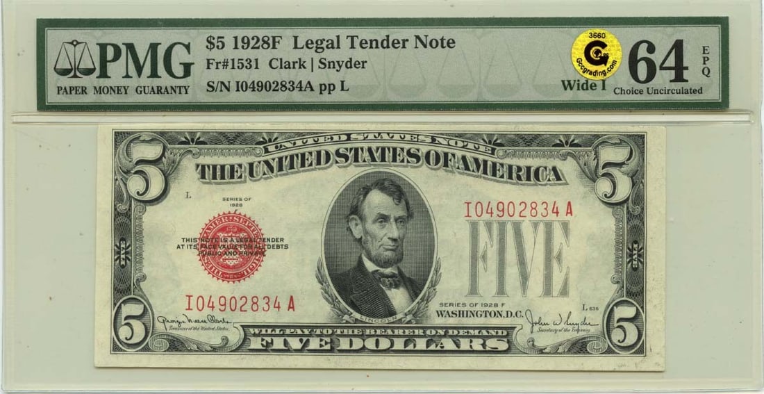 PMG 64 EPQ 1928F $5 United States Legal Tender Note Fr 1531: PMG 64 EPQ 1928F $5 United States Legal Tender Note Fr 1531 1928F $5 Legal Tender Note from the United States, graded PMG CU64 EPQ. This pre-owned note is listed as uncirculated and identified as Frie
