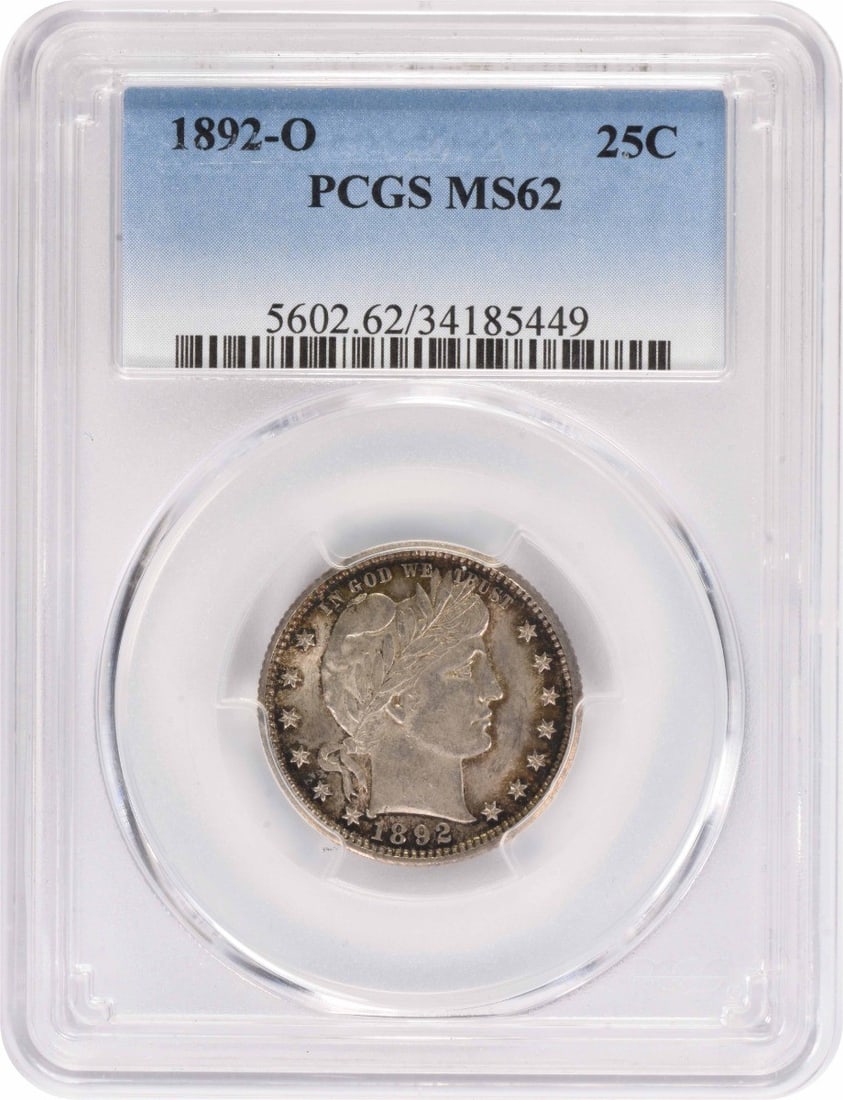 PCGS MS62 1892 O Barber Quarter 25C Silver Coin: PCGS MS62 1892 O Barber Quarter 25C Silver Coin 1892-O Barber quarter certified by PCGS and graded MS62. This silver 25C coin is an uncirculated example from the United States and is offered in pre-ow