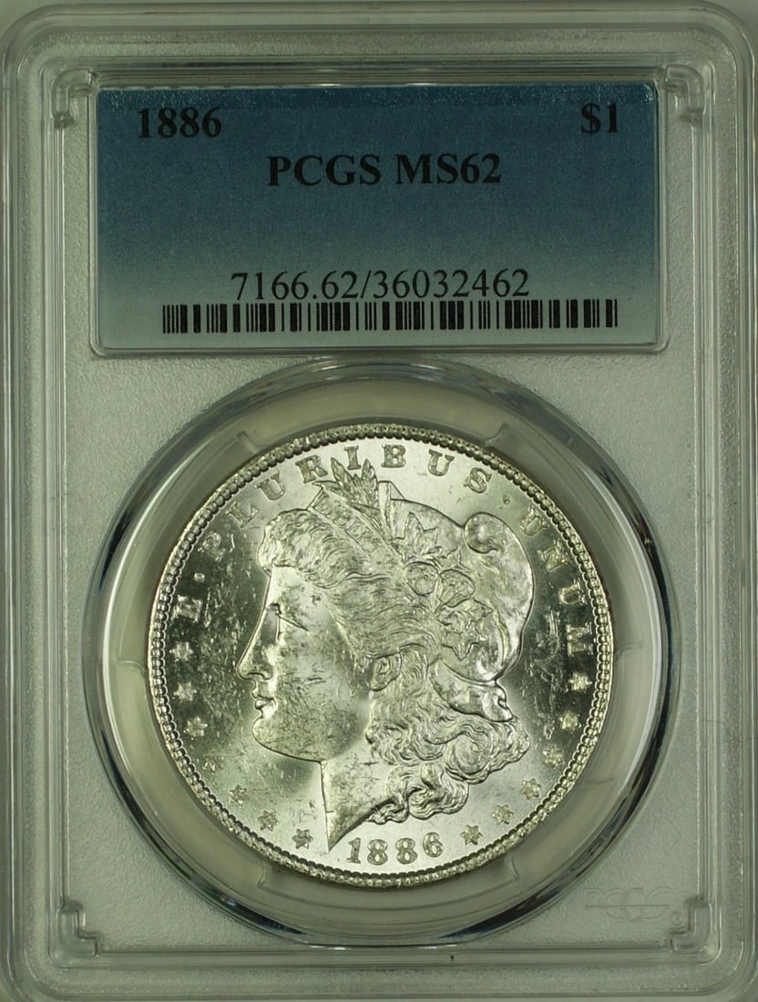 PCGS MS62 1886 Morgan Dollar Silver Coin: PCGS MS62 1886 Morgan Dollar Silver Coin This is an 1886 Morgan Silver Dollar coin from the United States, certified by PCGS with a grade of MS-62. The coin is uncirculated and was minted in Philadelp