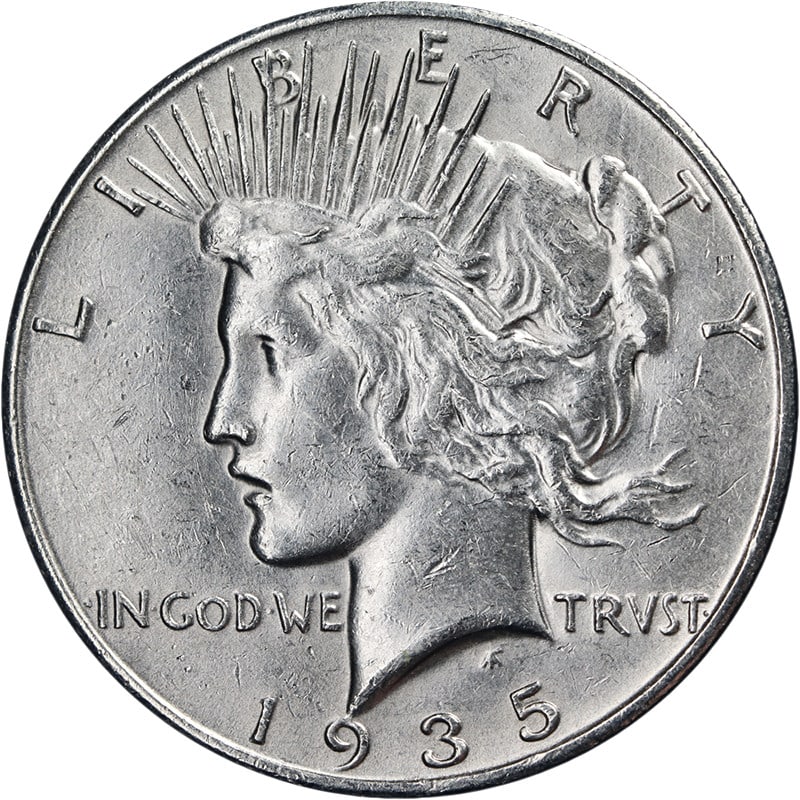 Silver Peace Dollar 1935 San Francisco Mint United States: Silver Peace Dollar 1935 San Francisco Mint United States This 1935-S Peace Dollar is a circulated pre-owned coin from the United States, minted in San Francisco. It is composed of silver with a finen