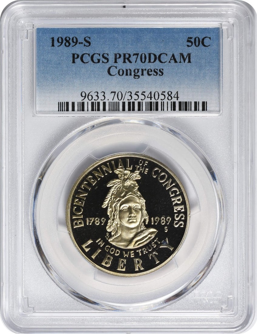 1989-S Commemorative Half Dollar PR70DCAM PCGS William Woodard Design: 1989-S Commemorative Half Dollar PR70DCAM PCGS William Woodard Design This 1989-S Congress Commemorative Half Dollar is a stunning example of numismatic artistry, graded PR70DCAM by PCGS. It features 