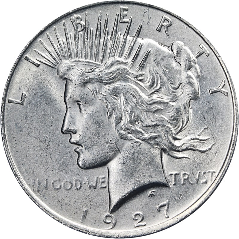 1927-D Silver Peace Dollar Nice BU Bright White: 1927-D Silver Peace Dollar Nice BU Bright White This 1927-D Peace Dollar is an uncirculated silver coin from the United States, featuring bright white surfaces and attractive luster. It is graded as B
