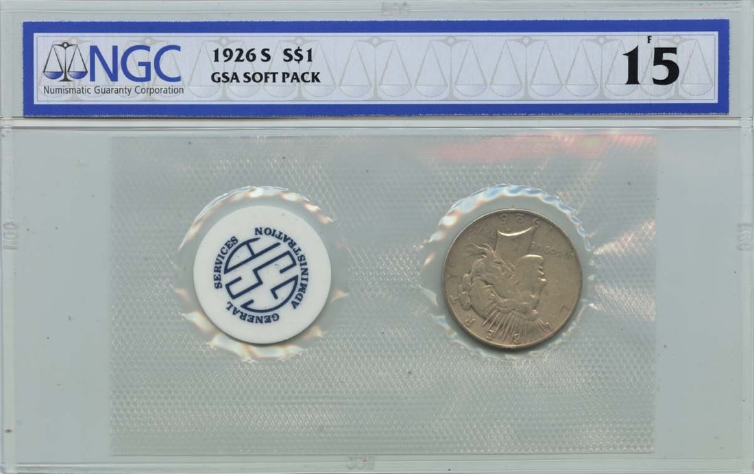 NGC Graded 1926 S Peace Silver Dollar in GSA Soft Pack F15: NGC Graded 1926 S Peace Silver Dollar in GSA Soft Pack F15 This is a 1926 S Peace Dollar, certified by NGC with a grade of F15. The coin is circulated and originates from the United States. It feature