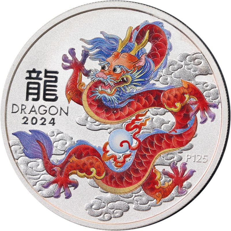 Australia 2024 $1 1 Oz .999 Silver Red Dragon Colorized Lunar Coin: Australia 2024 $1 1 Oz .999 Silver Red Dragon Colorized Lunar Coin Original 2024 Australia Year of the Dragon colorized lunar $1 silver coin. This stock item is struck in .999 fine silver and has supe
