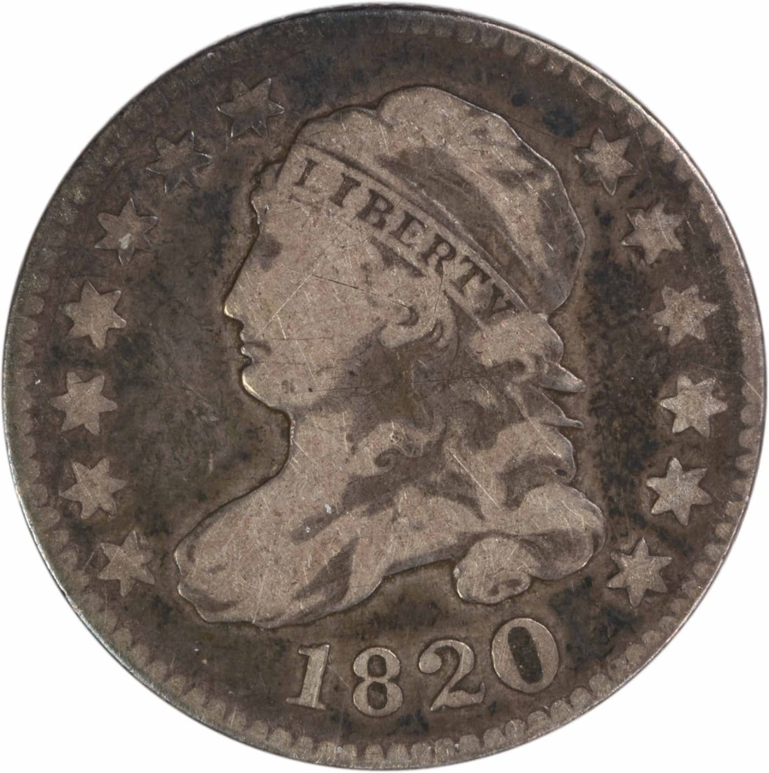 1820 Capped Bust Dime Large 0 Circulated Silver Coin Uncertified: 1820 Capped Bust Dime Large 0 Circulated Silver Coin Uncertified This 1820 Capped Bust silver dime features the Large 0 variety and was struck in Philadelphia. Designed by John Reich, it is composed o