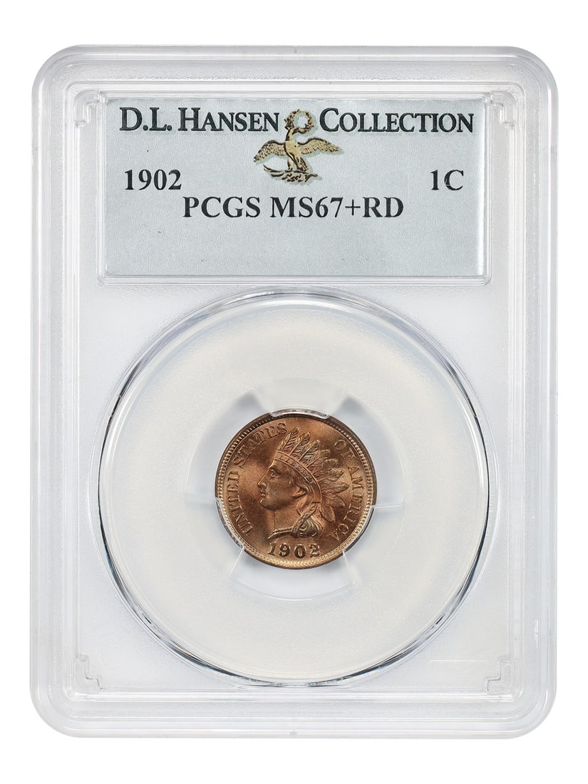 PCGS MS67+RD 1902 Indian Cent 1C ex D.L. Hansen: PCGS MS67+RD 1902 Indian Cent 1C ex D.L. Hansen 1902 Indian Cent certified by PCGS in MS67+RD grade. PCGS reports only two finer. This uncirculated example from Philadelphia shows billowy mint luster 