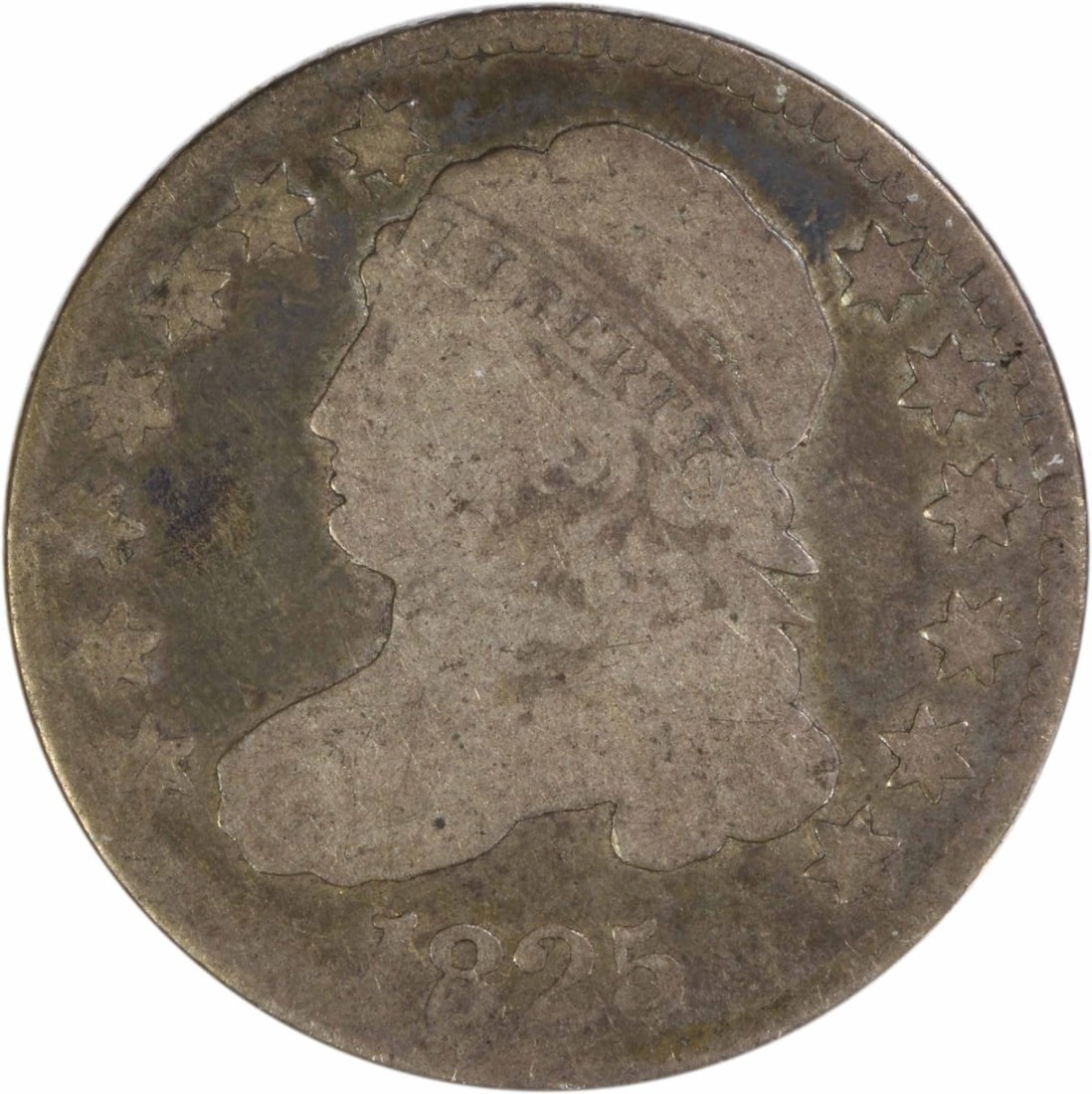 Capped Bust Dime 1825 Philadelphia 89.2 Percent Silver Uncertified: Capped Bust Dime 1825 Philadelphia 89.2 Percent Silver Uncertified This 1825 Capped Bust silver dime is a circulated coin from the Philadelphia Mint. Designed by John Reich, it features a composition 