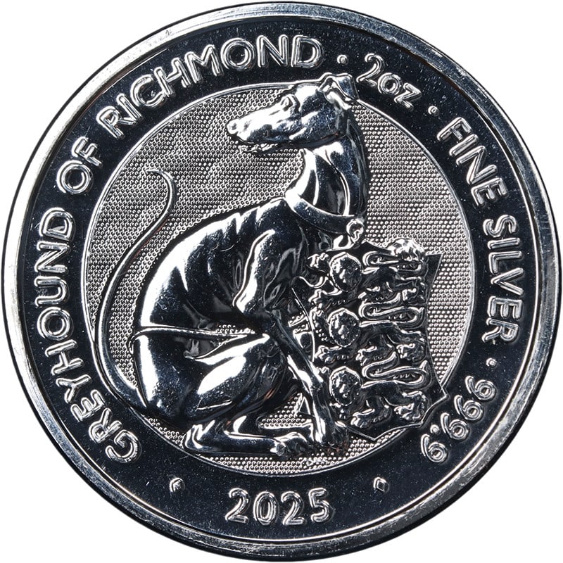 2025 Great Britain Tudor Beast Greyhound of Richmond 2 Oz Silver Coin: 2025 Great Britain Tudor Beast Greyhound of Richmond 2 Oz Silver Coin Original 2025 Great Britain 2 ounce silver Tudor Beast Greyhound of Richmond coin. This stock item is described as uncirculated wi