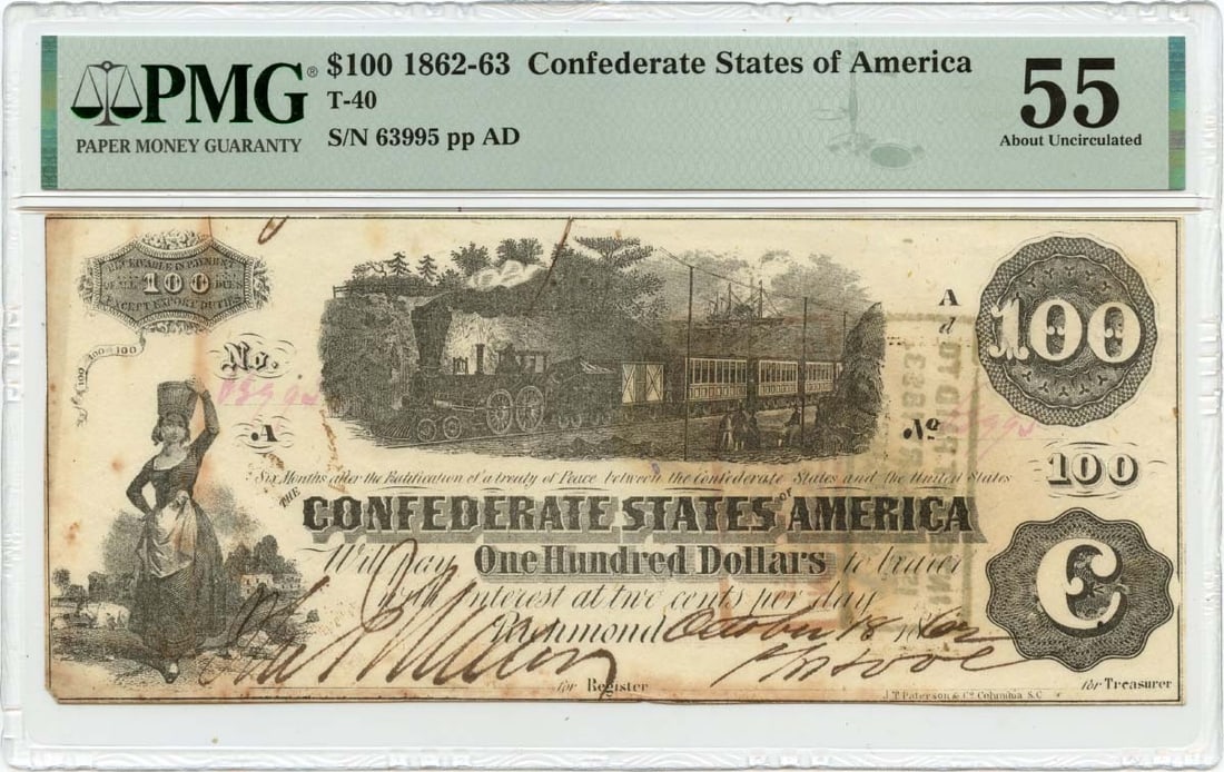 PMG AU55 1862 Confederate States of America T-40 $100 Note (1 of 2)