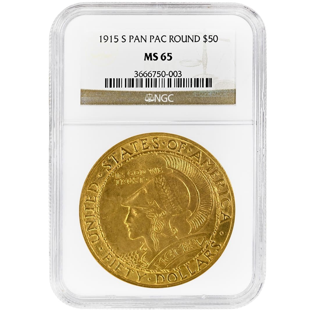 NGC MS65 1915-S Panama-Pacific $50 Gold Round Commemorative Coin: NGC MS65 1915-S Panama-Pacific $50 Gold Round Commemorative Coin Pre-owned 1915-S Panama-Pacific $50 Gold Round Commemorative coin graded NGC MS65. This United States commemorative issue was minted in