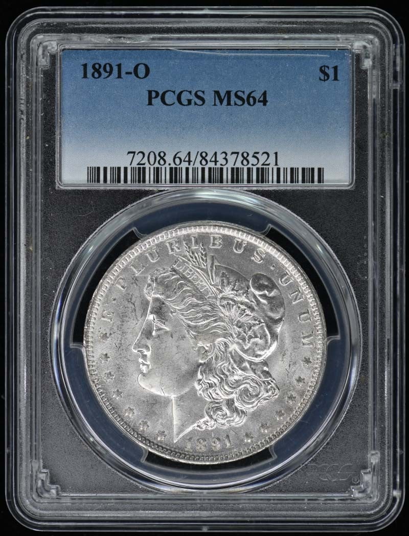 1891-O Morgan Dollar PCGS MS64 Uncirculated Silver Coin: 1891-O Morgan Dollar PCGS MS64 Uncirculated Silver Coin This 1891-O Morgan Dollar is a remarkable piece of history, certified by PCGS with a grade of MS64, indicating its uncirculated condition. Minte