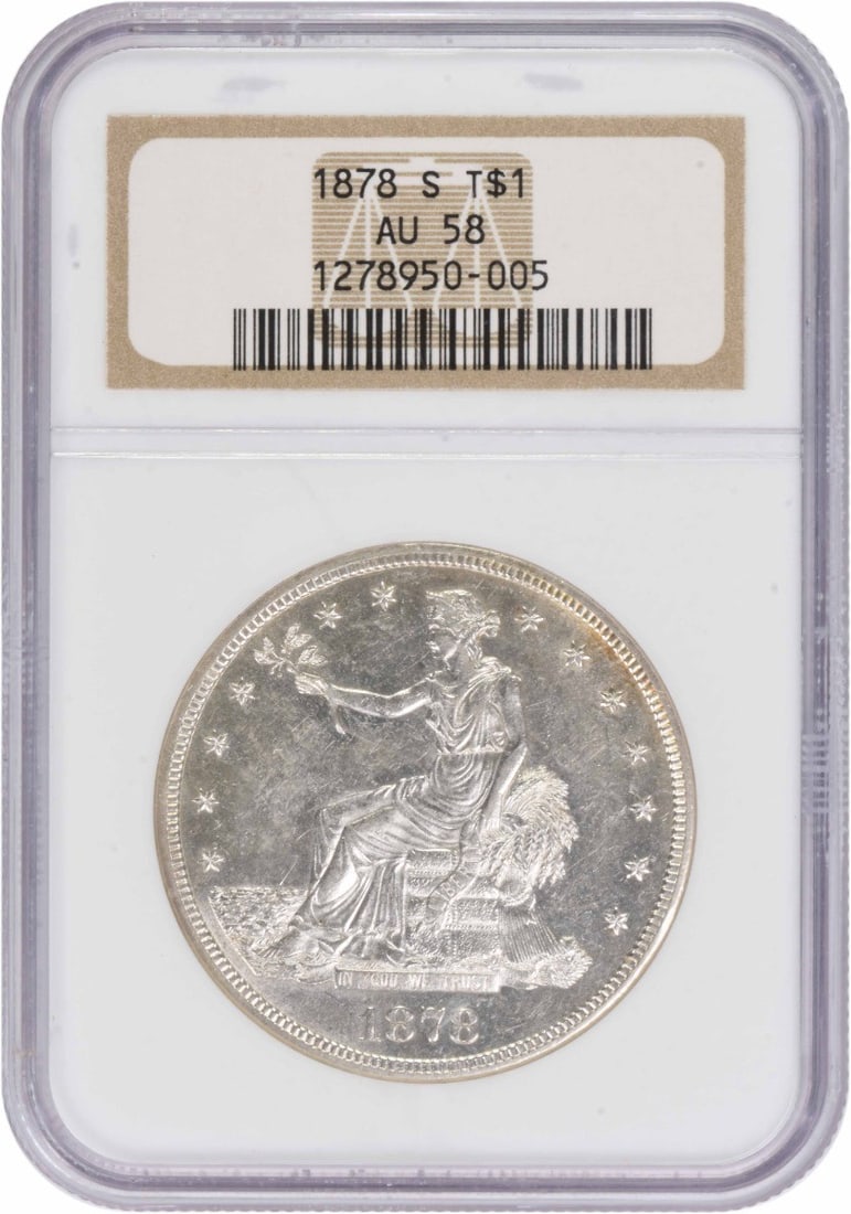 NGC AU58 1878 S US Trade Dollar $1 Silver Coin: NGC AU58 1878 S US Trade Dollar $1 Silver Coin 1878-S Trade Silver Dollar certified by NGC and graded AU58. This pre-owned United States coin is a circulated Trade Dollar issue struck in 90% silver an