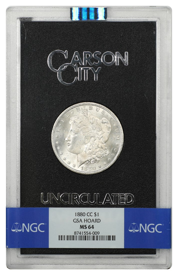 1880 Carson City Morgan Dollar $1 NGC MS64 GSA Holder: 1880 Carson City Morgan Dollar $1 NGC MS64 GSA Holder An 1880 Carson City Morgan Dollar in uncirculated condition, graded MS64 by NGC. This GSA example is housed in the original hard case and is ident