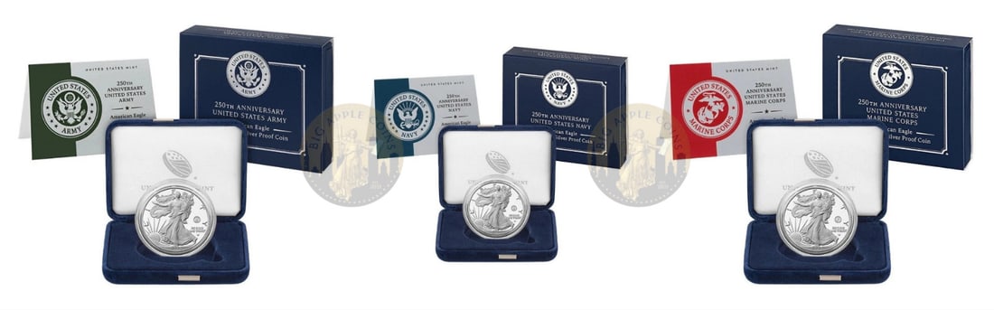 2025 Silver Eagle 3-Coin Set Proof with OGP and COA: 2025 Silver Eagle 3-Coin Set Proof with OGP and COA This 2025 Army / Navy / Marine Privy Proof Silver Eagle 3-Coin Set showcases the iconic American Eagle design, crafted from high-quality silver with