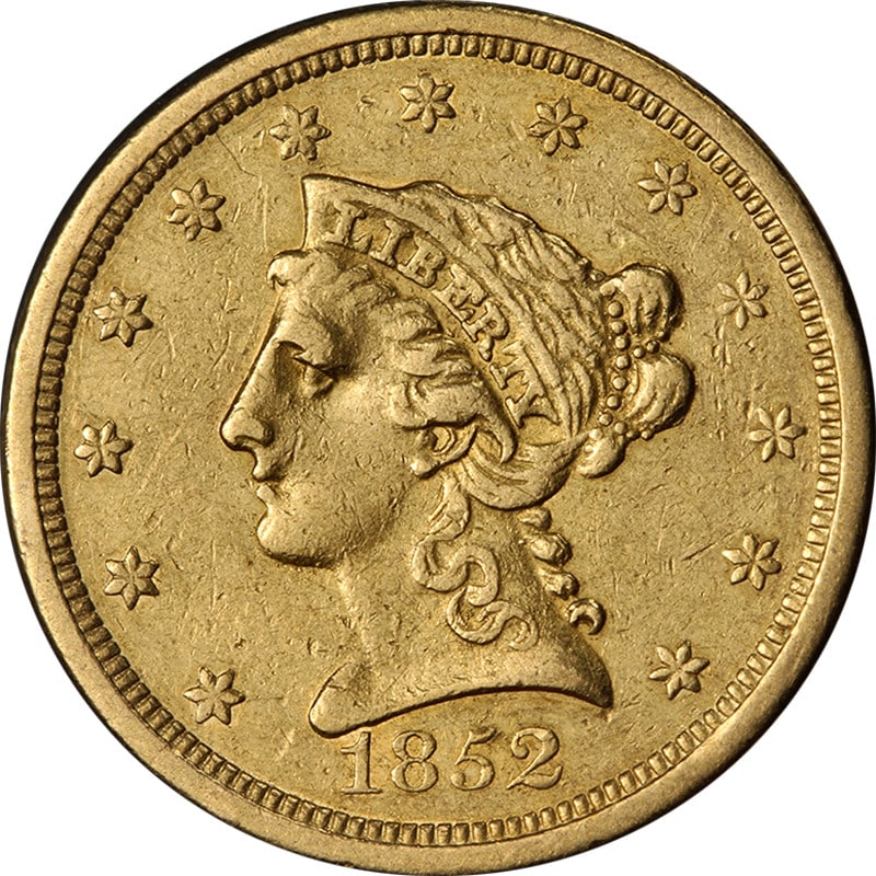 1852 O Liberty Quarter Eagle Gold Coin XF AU: 1852 O Liberty Quarter Eagle Gold Coin XF AU 1852-O Liberty Gold $2.50 coin with nice eye appeal, a nice strike, and attractive color and surfaces. This circulated pre-owned coin is described as a tou