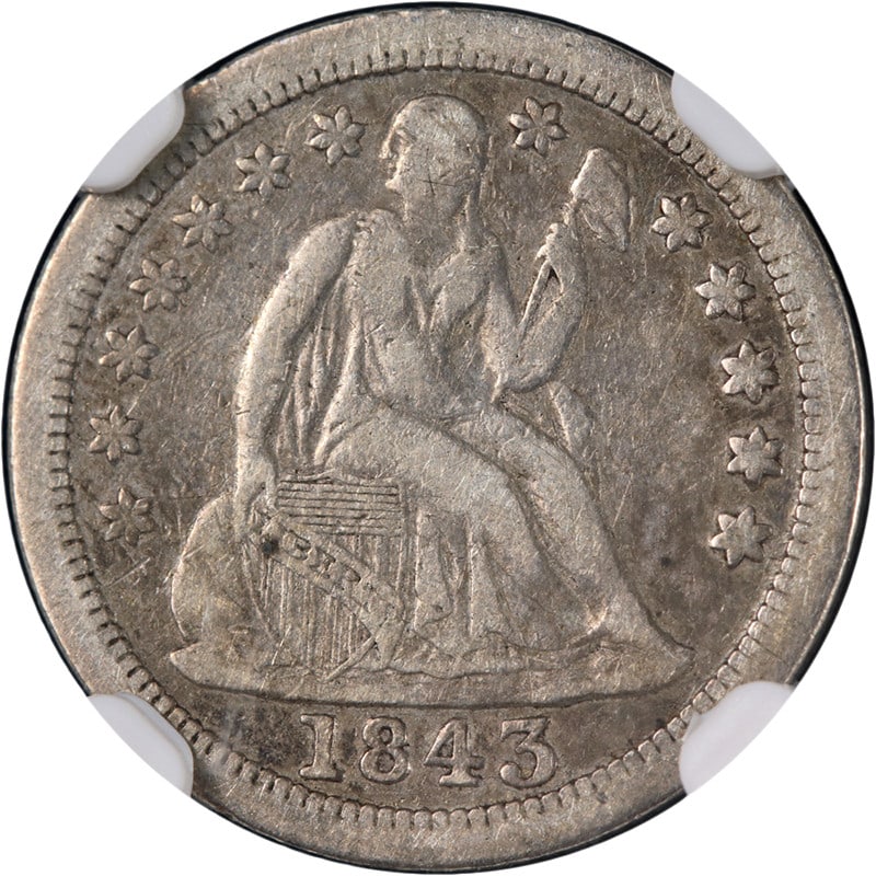 NGC Certified 1843-O Seated Liberty Dime Silver Coin VF20 Grade: NGC Certified 1843-O Seated Liberty Dime Silver Coin VF20 Grade This 1843-O Seated Liberty Dime is certified by NGC with a grade of VF20, showcasing great eye appeal and a nice strike. The coin featur