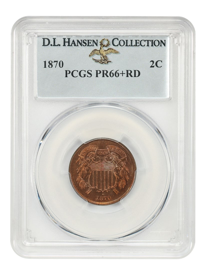 PCGS PR66+RD 1870 Two Cent Coin ex D.L. Hansen: PCGS PR66+RD 1870 Two Cent Coin ex D.L. Hansen 1870 Two Cent coin graded PCGS PR66+RD, ex: D.L. Hansen. An estimated mintage of 1,000 coins leaves a population of five at this level, with only five gr