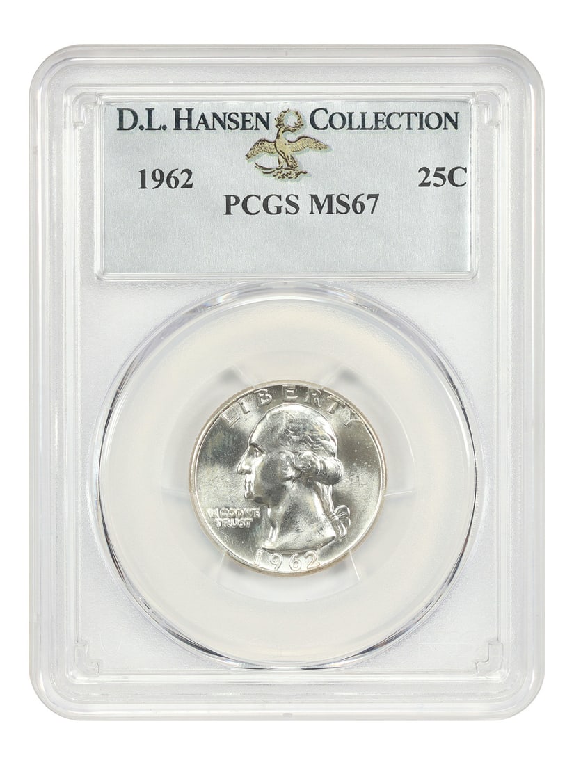 PCGS MS67 1962 Washington Quarter 25C ex D.L. Hansen: PCGS MS67 1962 Washington Quarter 25C ex D.L. Hansen 1962 Washington Quarter certified by PCGS in MS67 grade. This Philadelphia issue is listed as uncirculated, and according to CoinFacts, only 6 fine