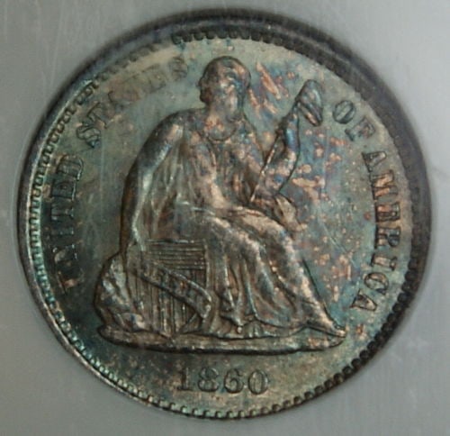 NGC MS-66 Toned 1860-O Seated Liberty Half Dime: NGC MS-66 Toned 1860-O Seated Liberty Half Dime This 1860-O Silver Half Dime is graded MS-66 by NGC and features attractive toning. The coin was minted in New Orleans and is composed of silver. It is 