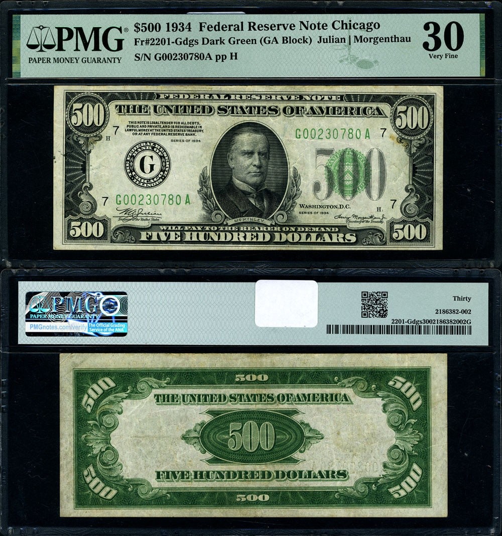 1934 $500 Federal Reserve Note Chicago G-A Block PMG VF30: 1934 $500 Federal Reserve Note Chicago G-A Block PMG VF30 This is a 1934 $500 Federal Reserve Note from the Chicago district, designated as FR. 2201 G. This note is certified by PMG with a grade of VF
