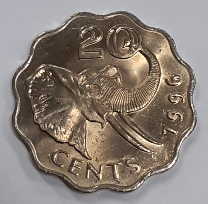 Roll of 30 Uncirculated 1996 Swaziland 20 Cent Elephant Copper-Nickel Coins KM 50.1: Roll of 30 Uncirculated 1996 Swaziland 20 Cent Elephant Copper-Nickel Coins KM 50.1 This is a roll of thirty uncirculated 1996 Swaziland 20 Cents coins, each featuring an elephant design. The coins ar