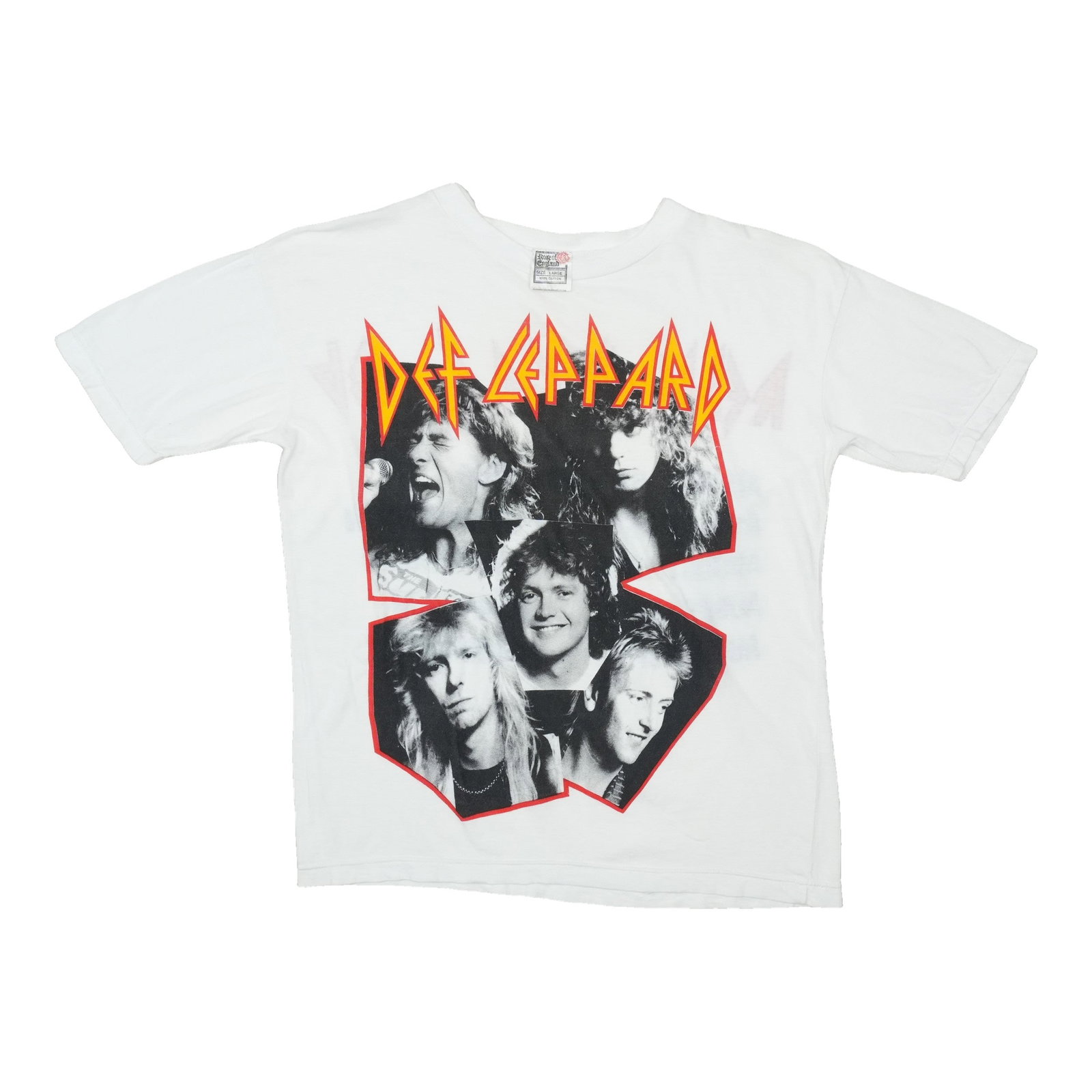 Vintage 1986 Def Leppard Shirt White Cotton Large: Vintage 1986 Def Leppard Shirt White Cotton Large Original vintage 1986 Def Leppard rehearsal shirt from the 1980s. This true vintage shirt is not a modern reproduction and features front and back gra