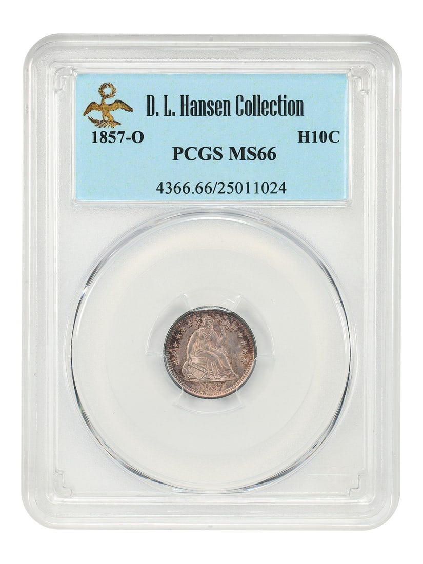 Liberty Seated Half Dime 1857-O PCGS MS66 from D.L. Hansen: Liberty Seated Half Dime 1857-O PCGS MS66 from D.L. Hansen 1857-O Liberty Seated Half Dime graded PCGS MS66, ex: D.L. Hansen. Of the 1.3 million pieces struck, few were saved by contemporary collector