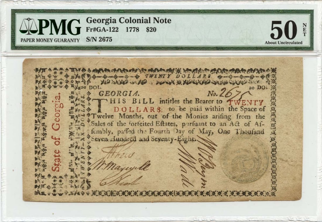 Georgia Colonial Currency Note 1778 May 4 20 Dollars PMG AU50 William Few: Georgia Colonial Currency Note 1778 May 4 20 Dollars PMG AU50 William Few 1778 Georgia Colonial note dated May 4 and graded PMG AU50. This pre-owned piece is circulated and identified as FR#GA-122, wi