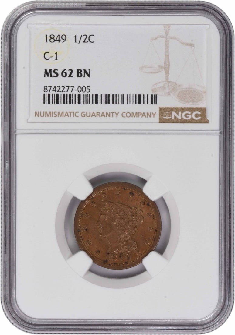 1849 Braided Hair Half Cent Copper MS62BN NGC Certified: 1849 Braided Hair Half Cent Copper MS62BN NGC Certified This 1849 Braided Hair Half Cent is graded MS62 Brown by NGC. Struck in copper at the Philadelphia Mint, the coin was designed by Christian Gobr