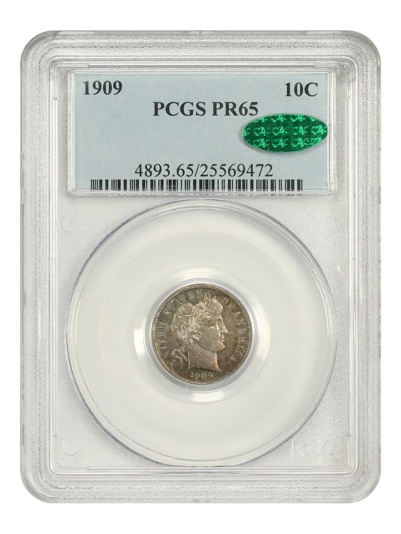 Barber Dime 1909 PCGS CAC PR65 10C: Barber Dime 1909 PCGS CAC PR65 10C 1909 Barber Dime certified by PCGS and CAC approved. This uncirculated example features chartreuse, sage, and vermillion obverse toning with powerful crimson toning 