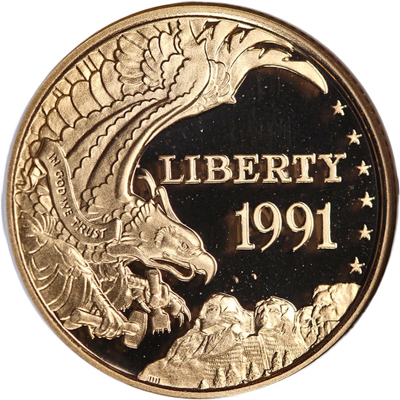 1991-W Mount Rushmore $5 Gold NGC PF70 Ultra Cameo: 1991-W Mount Rushmore $5 Gold NGC PF70 Ultra Cameo This is an original 1991-W Mount Rushmore Commemorative Gold $5 coin, certified by NGC with a perfect PF70 Ultra Cameo grade. The coin is uncirculate