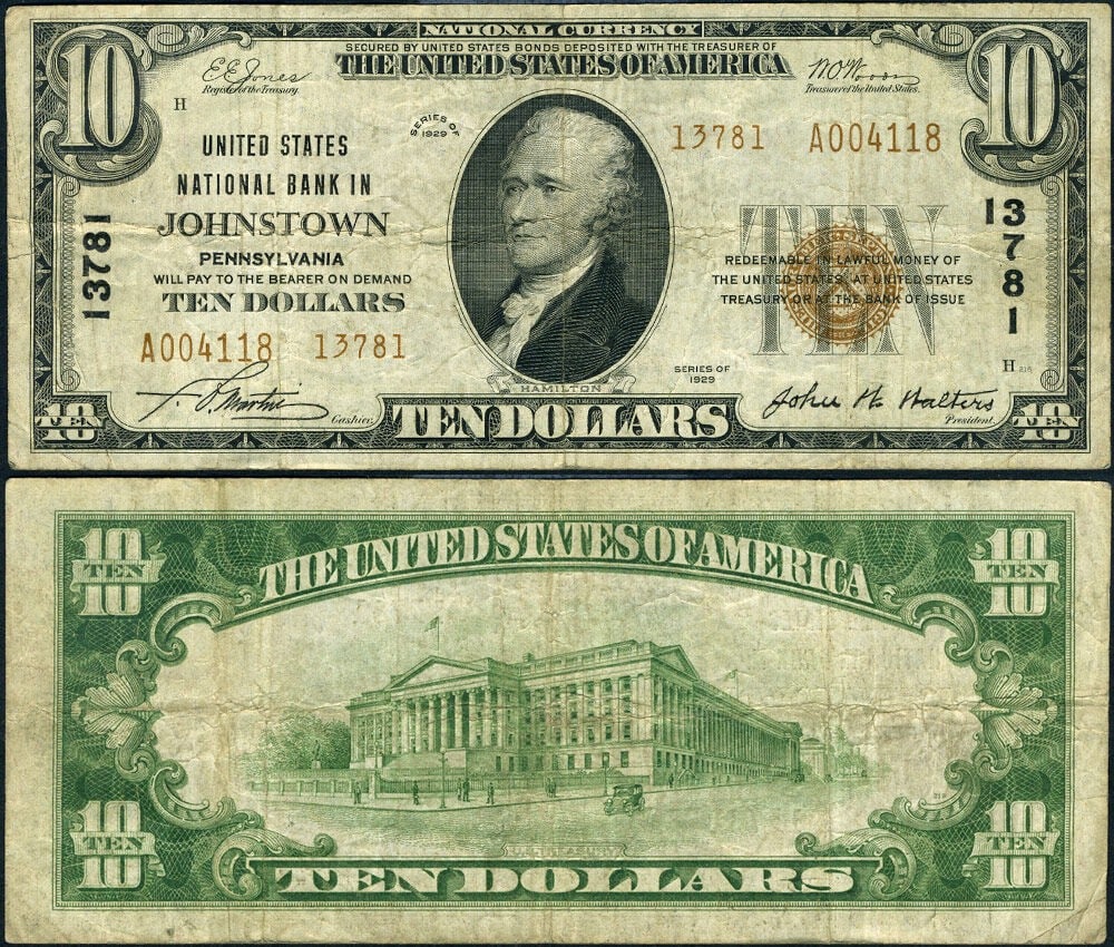1929 Type 1 $10 National Bank Note Johnstown Pennsylvania CH #13781 VF (1 of 3)