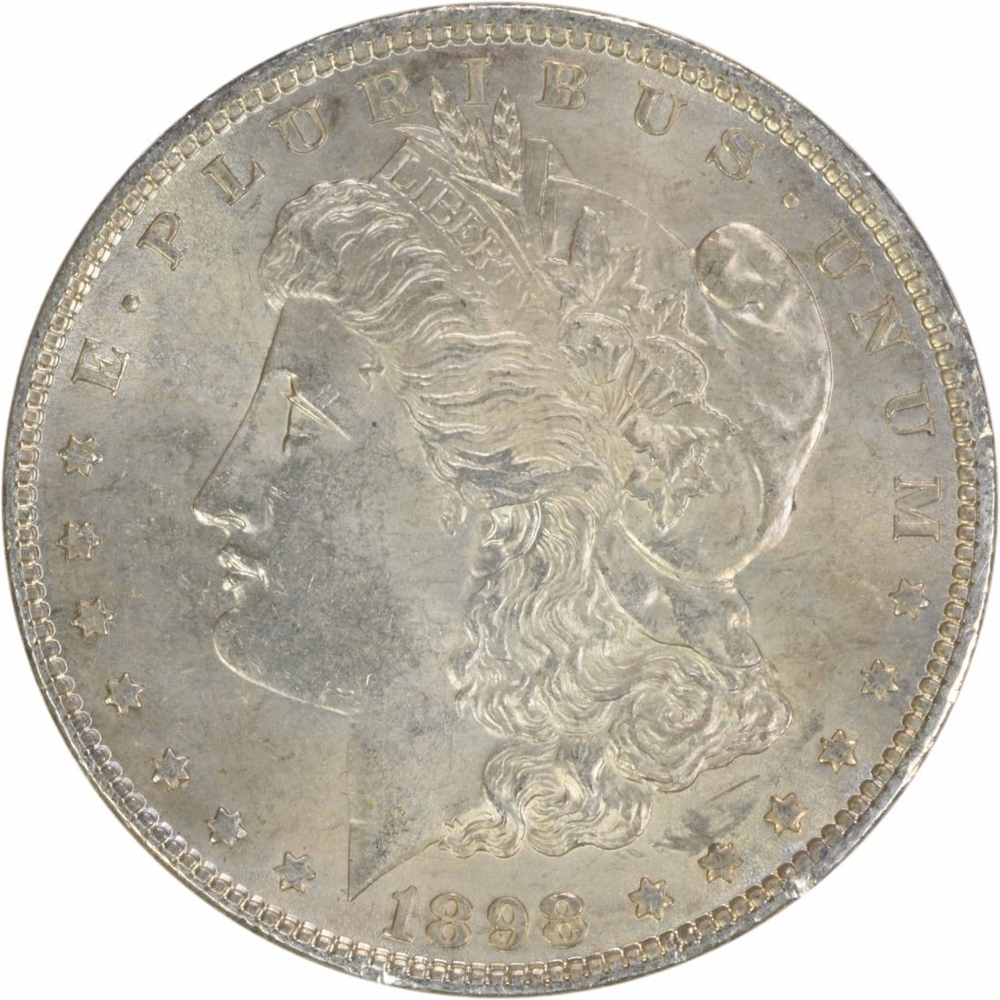 Uncirculated 1898 Silver Dollar Morgan No Mint Mark BU Grade: Uncirculated 1898 Silver Dollar Morgan No Mint Mark BU Grade This 1898 Morgan Silver Dollar is an uncirculated, pre-owned coin from the United States. It is composed of silver and features no mint mar