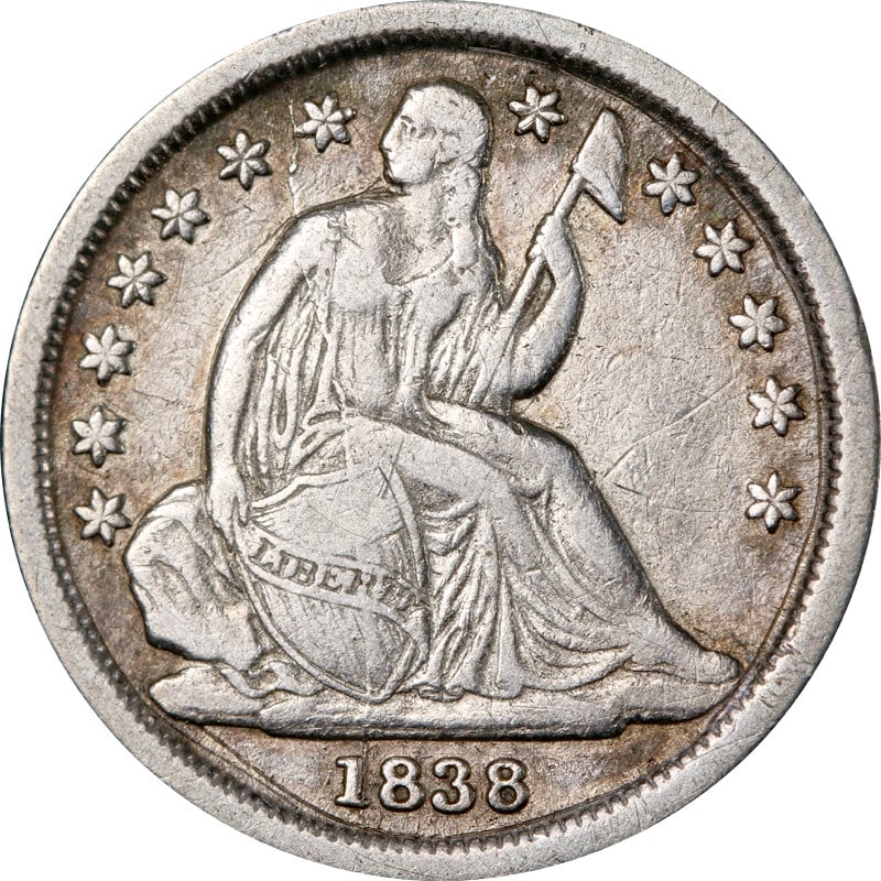 1838 P Silver Seated Liberty 10 Cent Coin: 1838 P Silver Seated Liberty 10 Cent Coin This is an 1838-P Seated Liberty Dime from the United States, composed of 90% silver. The coin is circulated and is being offered in pre-owned condition. It i