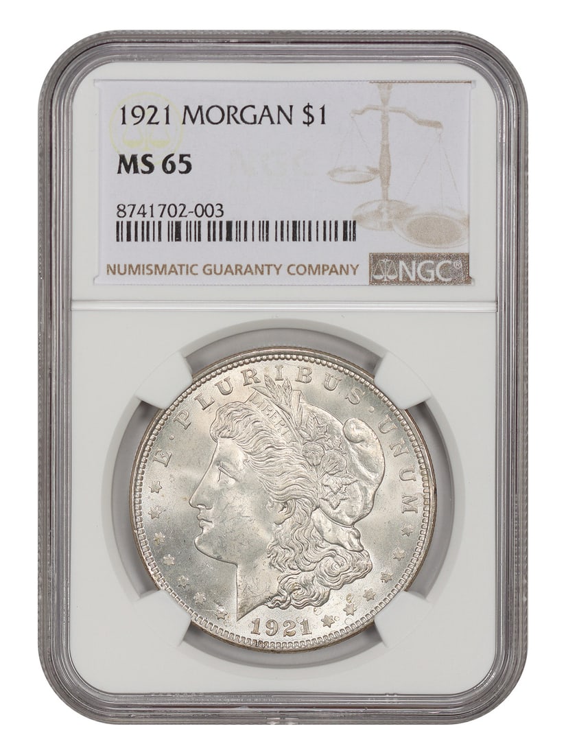 NGC MS65 1921 Morgan Silver Dollar Philadelphia $1 Coin: NGC MS65 1921 Morgan Silver Dollar Philadelphia $1 Coin Certified 1921 Morgan Dollar, the final year of issue for the Morgan dollar series and the last Morgan silver dollar struck at the Philadelphia 