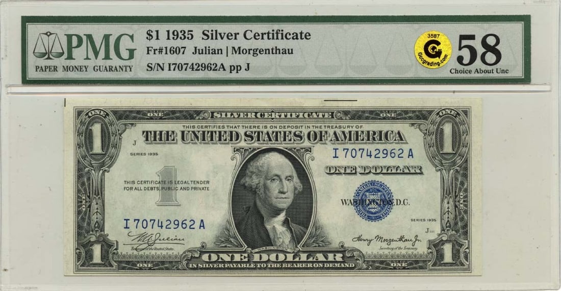 1935 $1 Silver Certificate Blue Seal Type 1607 PMG AU58: 1935 $1 Silver Certificate Blue Seal Type 1607 PMG AU58 This 1935 $1 Silver Certificate features a blue seal and is designated as Fr#1607, certified by PMG with a grade of AU58. This note is a circula