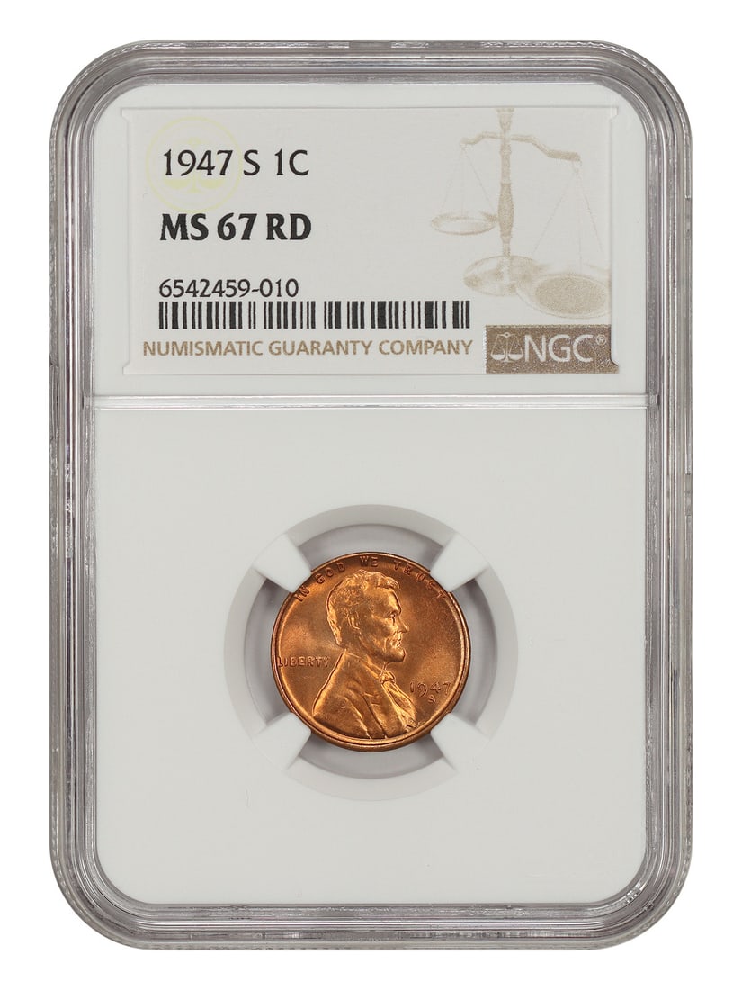 NGC MS67RD 1947-S Lincoln Wheat Cent 1C Red: NGC MS67RD 1947-S Lincoln Wheat Cent 1C Red Certified 1947-S Lincoln Cent with Wheat Reverse, graded NGC MS67RD. This uncirculated pre-owned coin features the RD color designation and is identified by